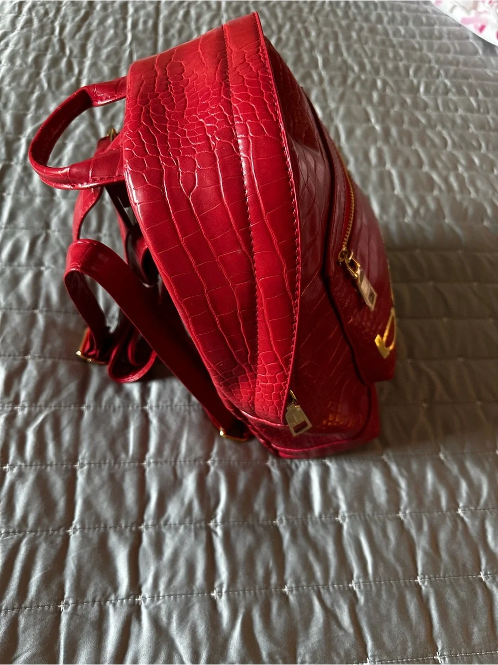 bebe Shiny Red Croc-Embossed Mini Backpack with Gold Logo